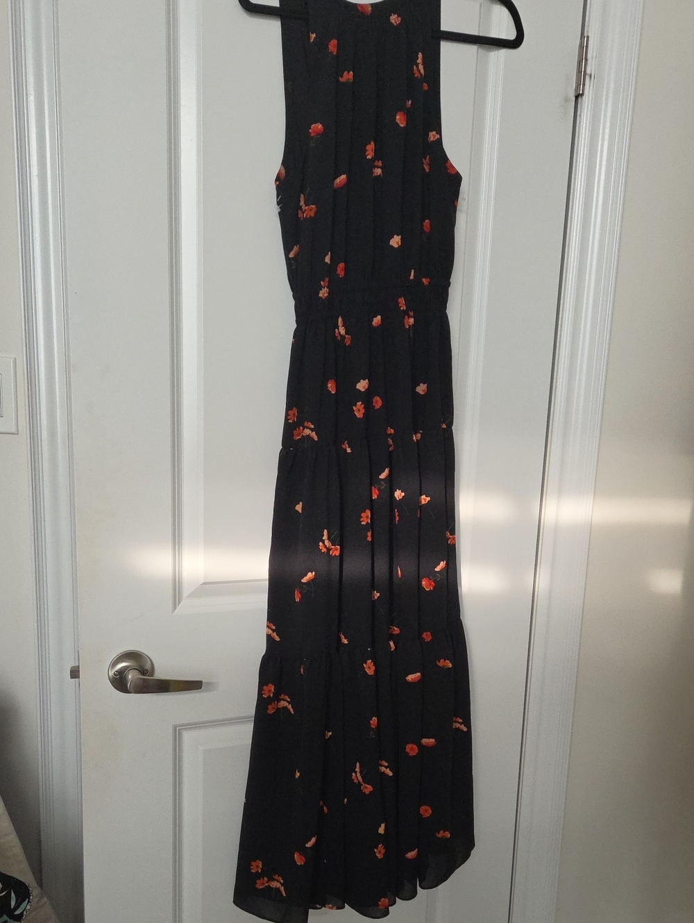 NEW Artzia (Wilfred) Crepe Lined Black Floral Maxi Dress with Orange Accent -